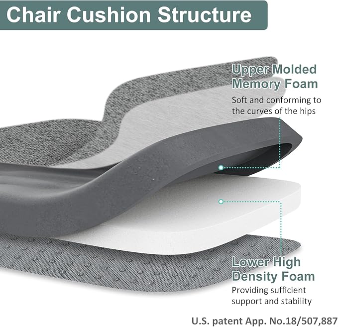 Shinnwa Kitchen Chair Cushions, Patented Design Molded Memory Foam Dining Chair Pads with Ties and Washable Cover, 17" x 16" x 2", Dark Grey