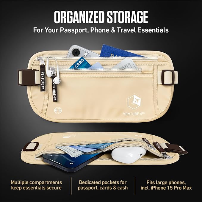 VENTURE 4TH Money Belt for Travel – Hidden Under-Clothes RFID Blocking Passport Holder & Slim Travel Wallet Pouch for Men & Women to Protect Cash, Cards & Documents (Beige)