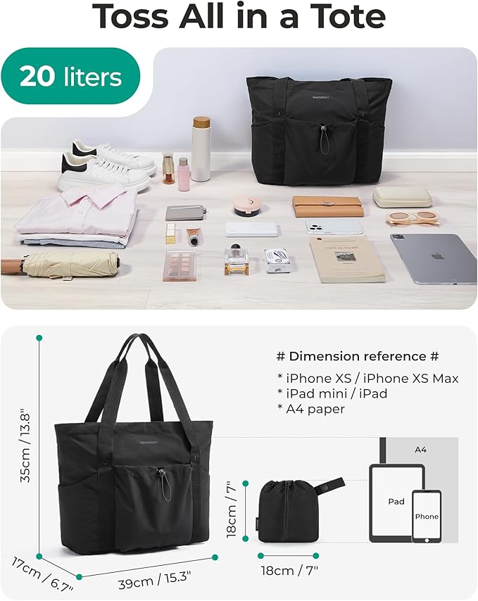 BAGSMART Foldable Tote Bag with Drawstring Bag, Large Tote Bag Shoulder Bag Top Handle Handbag for Travel, Work, Beach, Gym