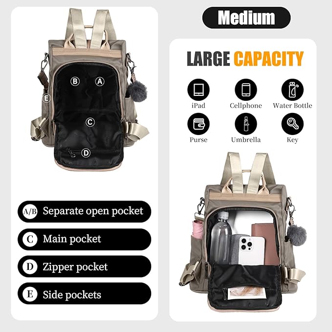 PINCNEL Women Khaki Medium Backpack Purse Waterproof Nylon Anti-theft Rucksack Lightweight Shoulder Bag