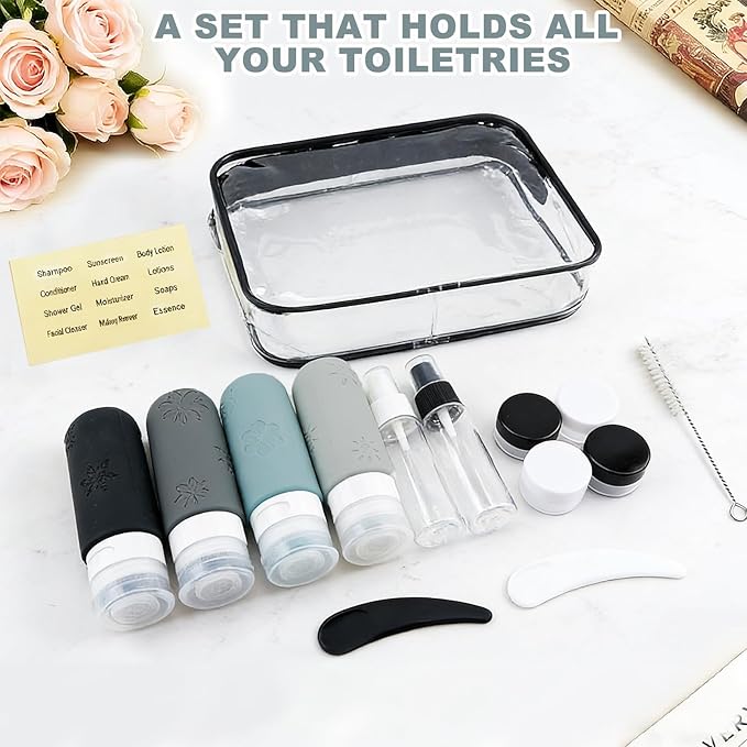 16 Pack Travel Bottles for Toiletries, Silicone TSA Approved-Containers for Toiletries,3oz Silicone Travel Bottles Set Leak Proof Refillable Liquid,Shampoo and Conditioner Travel Toiletry Bottles Grey