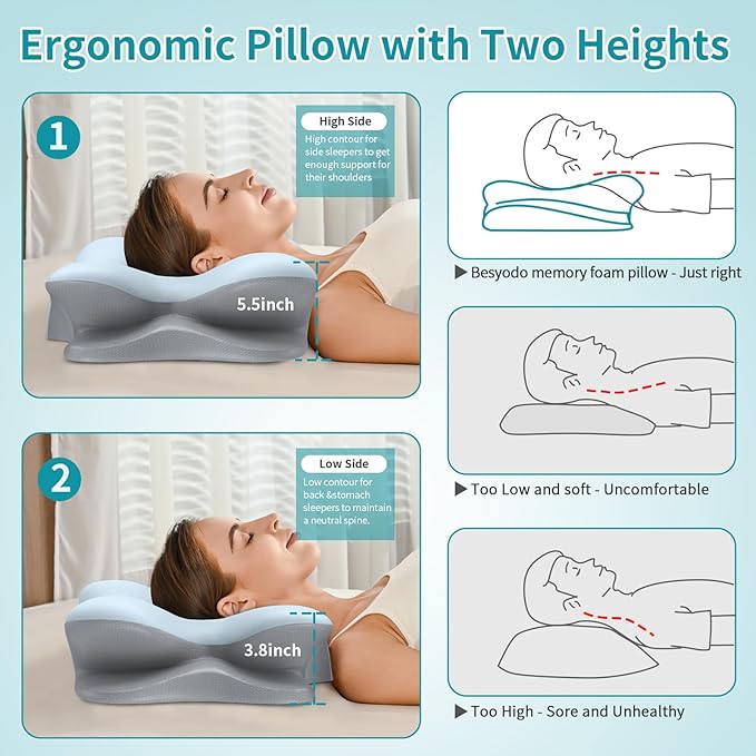 Cervical Neck Pillow for Pain Relief - Ergonomic Side Sleeper Pillow for Neck Support, Cooling Memory Foam Pillows for Sleeping, Contour Pillow Orthopedic Bed Pillow for Back Stomach Sleepers