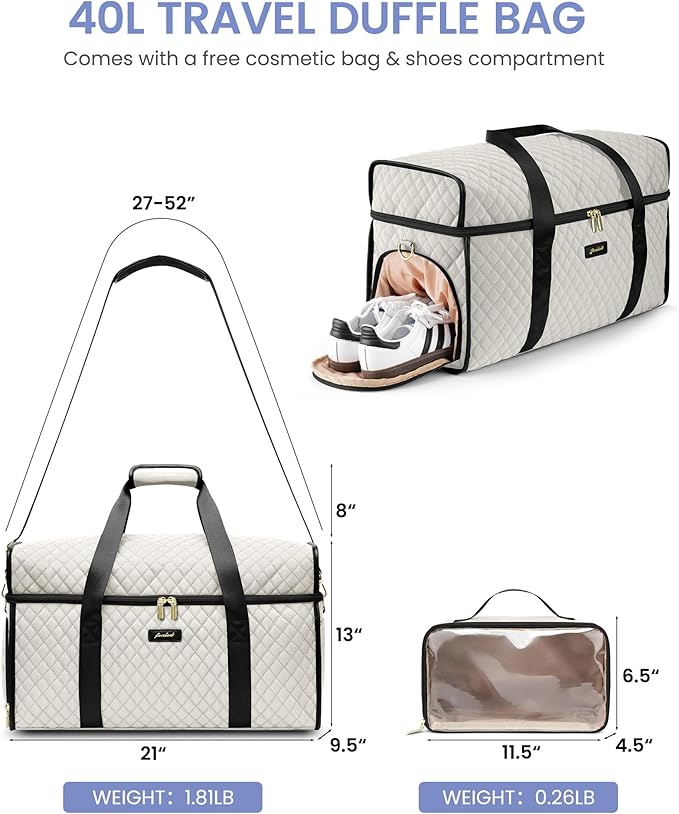 Weekender Travel Duffle Bag for Women: Overnight Bags with Shoe Compartment Carry on Bags for Airplanes with Toiletry Bag Weekend Yoga Gym Bag with Wet Pocket Travel Duffel Tote Bag Hospital Bag Beige