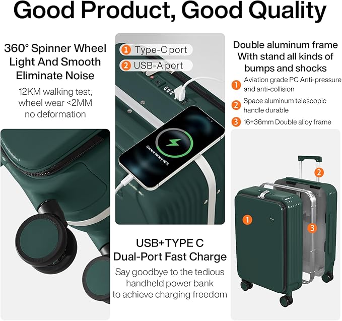 mixi 2-Piece Luggage Sets with Cup Phone Holder and Charger Hard Shell Suitcases with Spinner Wheels, 20+26 Inch Blackish Green
