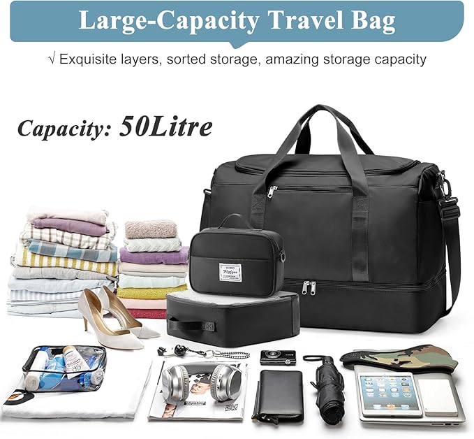 Large Travel Duffle Bag,Carry on Overnight Weekend Bag with Shoes Compartment,Weekender Bags for Women for Travel Business Trips Sport Hospital,3 Pcs Set,Black