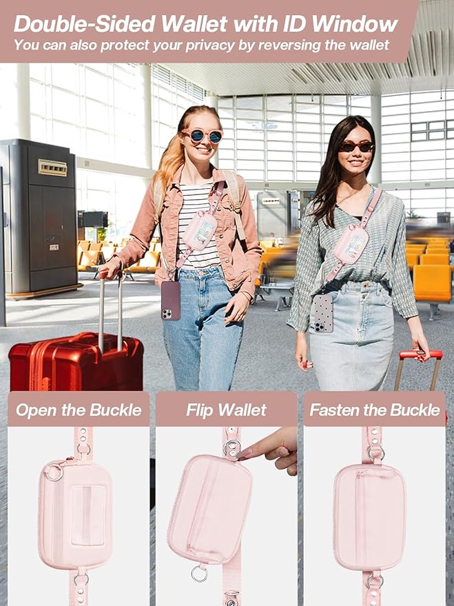 Tiostep Clip and Go Strap for Phone with Wallet Crossbody Phone Lanyard Adjustable and Detachable RFID Wristlet Wallet with ID Window and Zipper, Pink