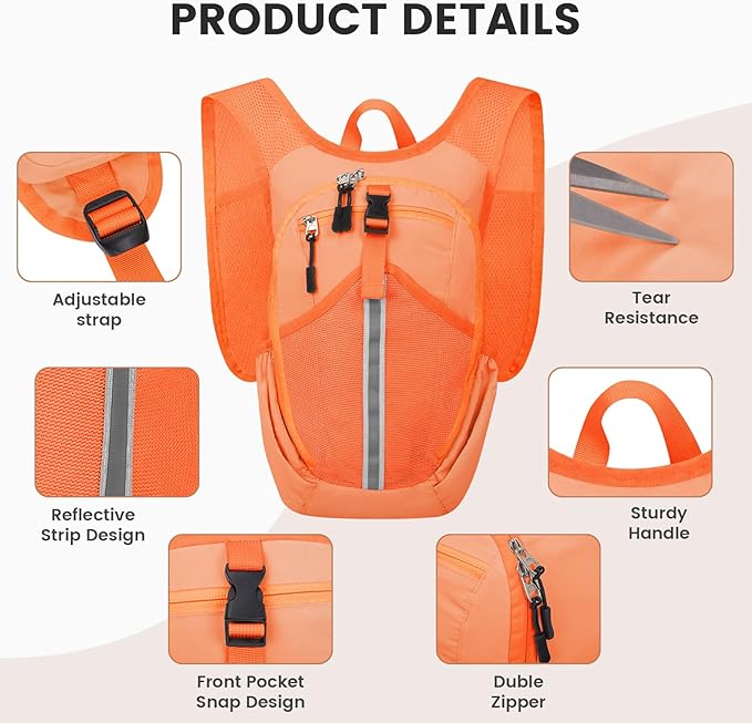 Small Hiking Backpack 15L-Lightweight Packable Foldable Backpack for Travel Camping Outdoor Commute,Compact Rucksack for Women Men(Orange)