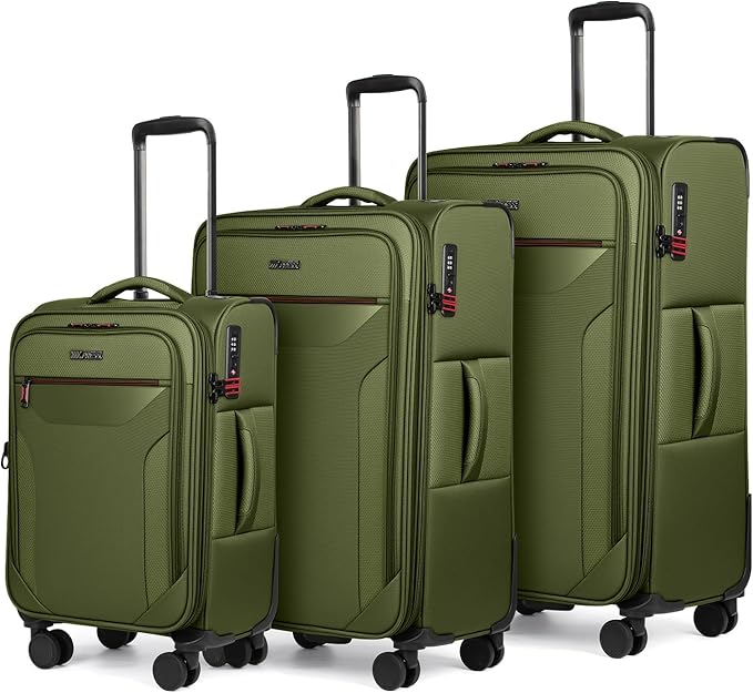 3PCS Set Softside Luggage Sets w/ Spinner Wheels,Expandable 20% Suitcase Upright Spinner Softshell w/TSA LOCK, Lightweight Durable Rolling Travel Luggage Set for Men/Women（Green,22in/28in/32in）