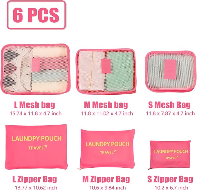 6 Set Packing Cubes for Travel Luggage Packing Bags Reusable Lightweight Suitcase Organizer Cubes Set for Travel Accessories (Rose Red)