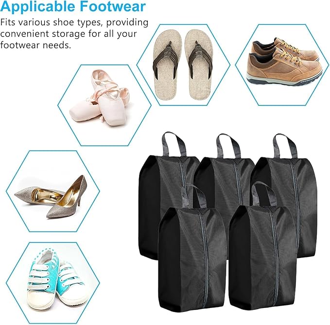 5Pcs Large Travel Shoe Bags Portable Travel Gifts Shoe Organizer with Zipper Closure, Waterproof Nylon Shoe Storage Organizer with Handle Travel Bags For Men and Women, Black