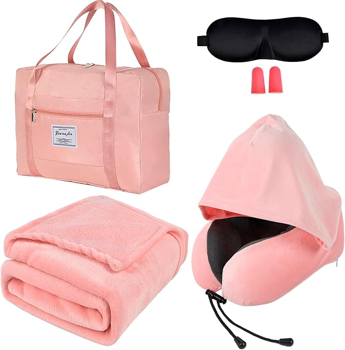 Travel Blanket Pillow Set - Travel Neck Pillow & Blanket for Airplane, Thick Fleece Plane Blanket, Hooded Memory Foam Neck Pillows, Foldable Duffel Bag, Sleep Mask, Earplugs for Plane Traveling, Pink