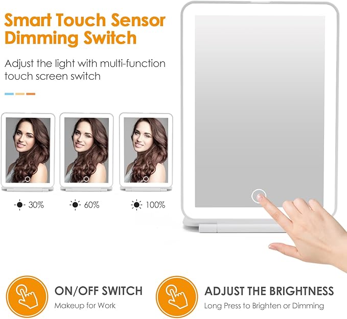 DenCert Rechargeable Travel Makeup Mirror 72 LED Lighted Compact Slim Vanity with Lights 3 Lighting Modes Dimmable Touch Screen (White),(DenCert)