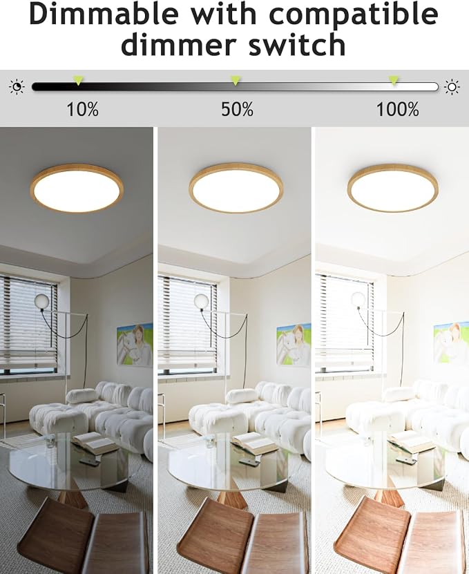 hepside 2PACK Flush Mount LED Ceiling Light Fixture Wooden, 12Inch 28Watt, Dimmable & 3000K-4500K-6000K Ceiling Lamp 3200LM Low Profile Ceiling Light for Kitchen Bedroom Hallway Porch