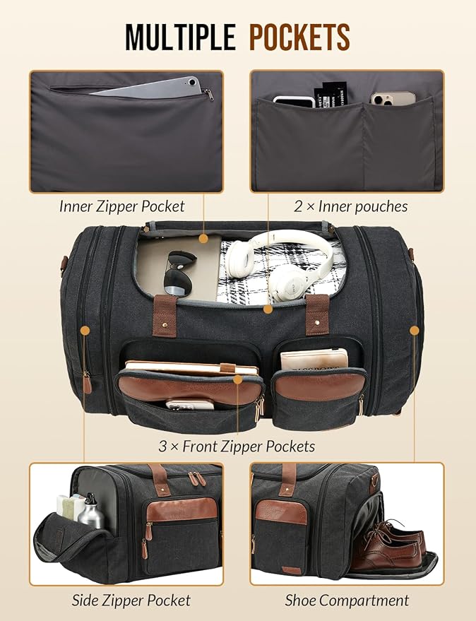 Canvas Duffle Bag for Travel 65L Expandable Travel Duffel Bags for Men Women Overnight Weekend Gym Bag with Shoes Compartment - Dark Grey(65L)