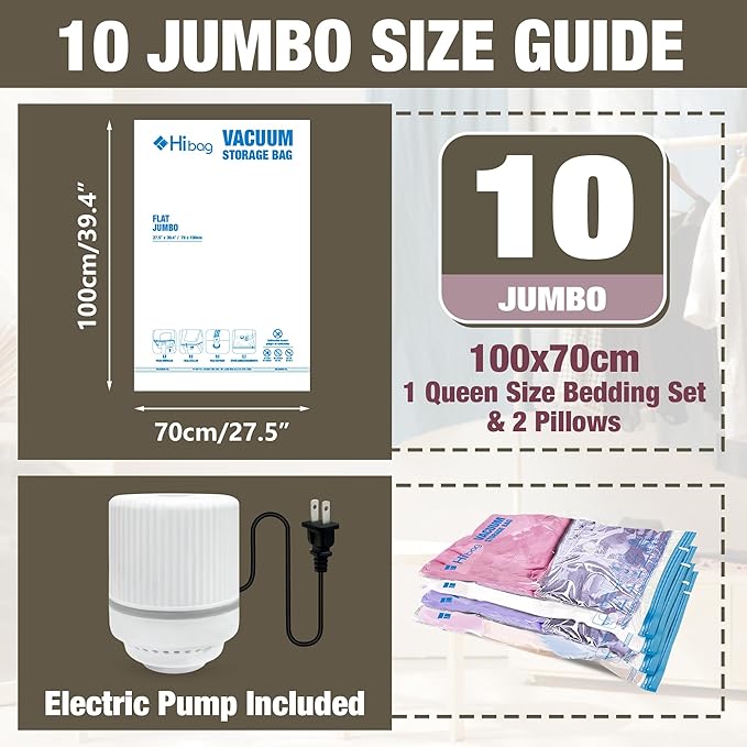 HIBAG Vacuum Storage Bags with Electric Pump, Vacuum Seal Bags for Clothing, Pillows, Blanket Bedding Comforters, 10 pack Jumbo