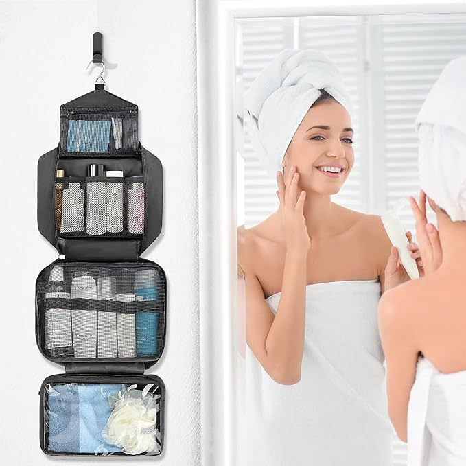 Maliton Toiletry Bag for Men & Women Travel Toiletry Bag Hanging Toiletry Bag Hygiene Organizer with 4 Compartments Waterproof Bathroom Shower Bag Large Toiletries Travel Bag(Black)