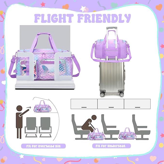Mermaid Purple Kids Gym Bag for Girls - Duffle Bag for Travel, Dance, Weekender, Overnight - 20"x11"x8.2" with Shoe Compartment