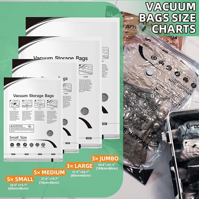 16 Pack Vacuum Storage Bags, Space Saver Bags, Compression for Comforters and Blankets, Sealer Clothes Storage with Hand Pump. (3J/3L/5M/5S)