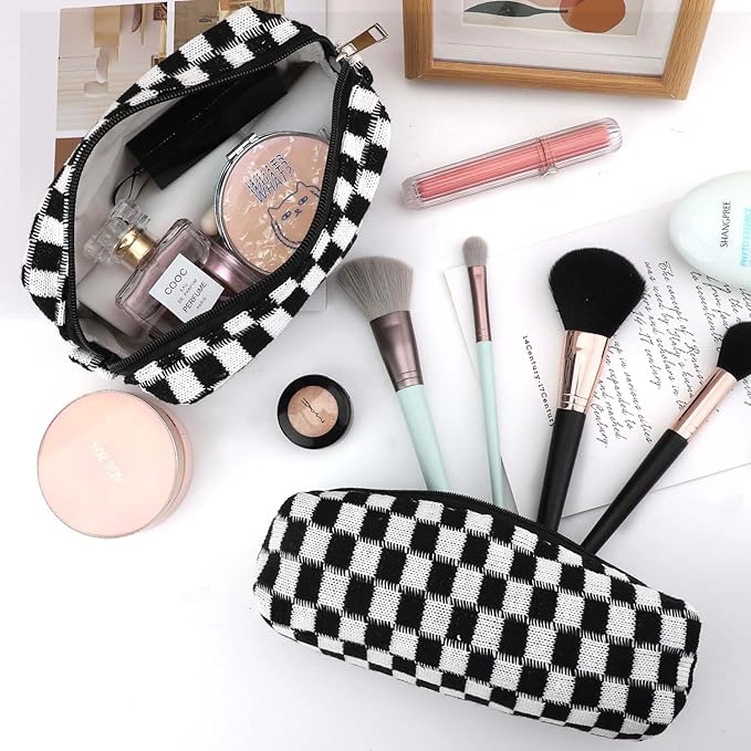 EIMMBD Makeup Bag 3 Pieces Large Capacity Checkered Cosmetic Bags Travel Toiletry Bag Organizer Cute Makeup Pouch Storage for Women(Black)
