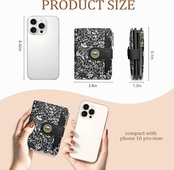 Icycay Goth Gothic Bat Small Wallet Women RFID Blocking Bifold, Credit Card Holder, Zipper Coin Pocket, PU Leather, Funny, Compact, Travel, 4 ID Window, 14 Card Slots, Cash Purse, Ladies Woman Female