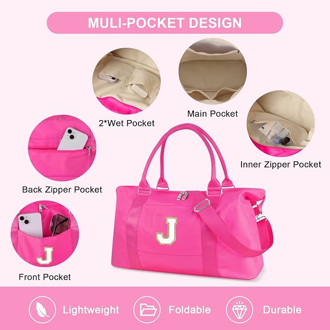 Dance Gym Duffel Bag for Teen Girls, Personalized Initial Travel Weekender Bag,Cute Overnight Carry On Duffle for Women,Sports Travel Cheer Bag,Monogram Christmas Gifts for Tween Preppy(rosered-J)