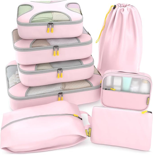 Shacke Packing Cubes for Travel 8 Set - Compression Luggage Organizer Bags - Versatile Travel Organizer for Women and Men - Optimized Packing Bags - Travel Essentials (Petal Pink)