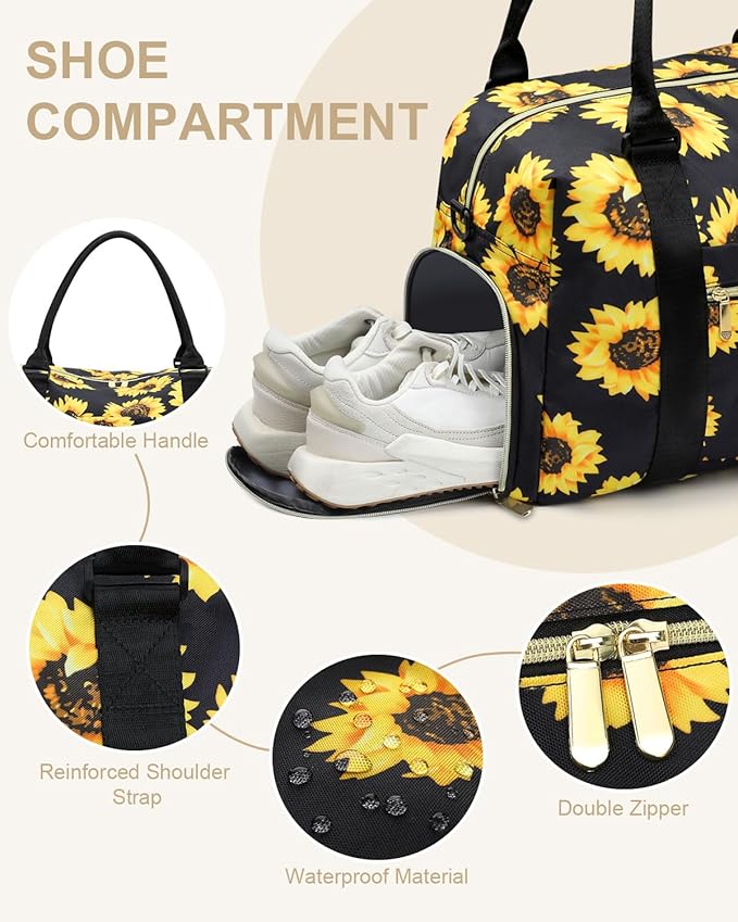 Travel Duffle Bag for Women Large Weekender Overnight Bags Gym Bag with Shoe Compartment Waterproof Hospital Bag Carry On Tote Bag for Airplanes,Sunflower