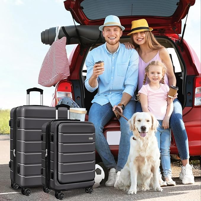 SmileLine 3-Piece Luggage Set Lightweight Hardside Suitcase TSA Lock Spinner Wheels, 20" Expandable Carry-On Luggage with Quick Access Front Open Pocket, Bonus Makeup Bag,Grey