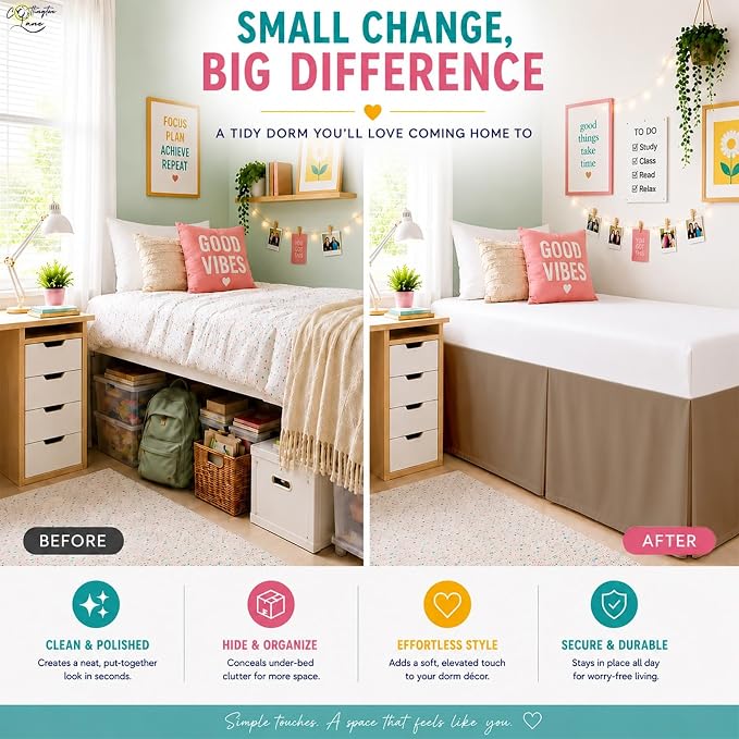Cottington Lane Tailored Box Pleated College Dorm Bed Skirt Twin XL, Hotel Quality Premium Brushed Microfiber Extra Long Bedskirt Twin XL 25 Inch Drop, Taupe Dorm Bedding