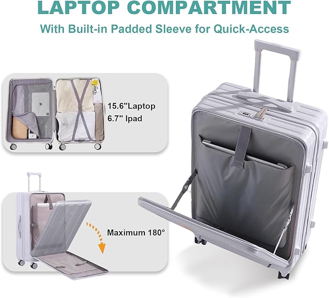 Gets Carry on Luggage Airline Approved,24 Inch Abs+Pc Hardshell Spinner Luggage With Cup Phone Holder and USB Charger,Front Pocket Durable Suitcase for Women Men-Silver