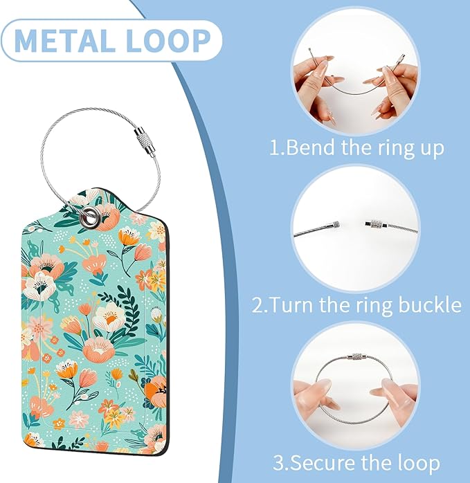 2 Pcs Luggage Tag for Suitcases, Floral Flower Cute PU Leather Suitcase Tag Privacy Cover ID Label with Metal Loop, Personalized Baggage Identifier for Women Cruise Bag Travel Essentials