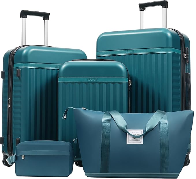Merax Luggage Sets 5 Piece,Hardshell Expandable Suitcase with Spinner Wheels and Travel Bags,Lightweight Carry on Luggage,20/24/28IN,Dark Green
