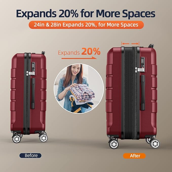SHOWKOO Luggage Sets with Duffle Bag Expandable 100% PC Durable Suitcase Double Wheels TSA Lock 5pcs Wine Red