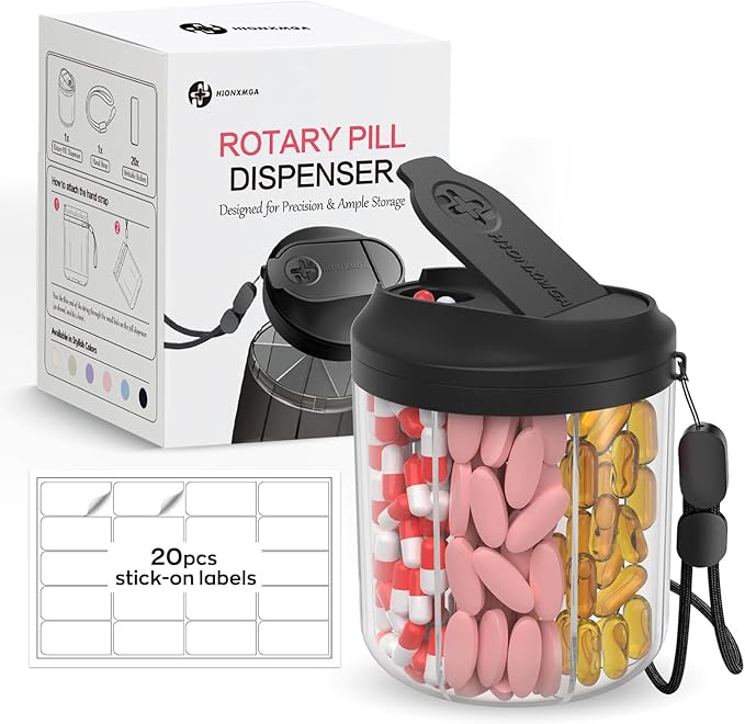 Pill Bottle Organizer with 7 Large Compartments, Pill Dispenser for Travel, Supplement Organizer with Anti-Mixing Design, BPA-Free Pill Container with 20 Pcs Labels, Black
