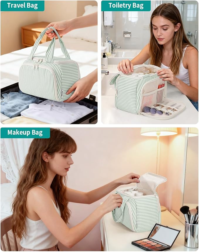 Narwey Striped Travel Toiletry Bag for Women Large Makeup Bag, Wide-open Cosmetic Make Up Organizer with Handle, Travel Bag for Toiletries, Essentials, Accessories (Mint Green Stripe)