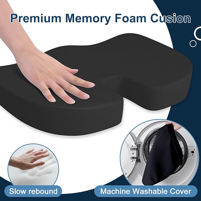 Memory Foam Cusion, Relief Pressure Seat Cusion for Office Chairs & Car Seat, Ergonomic Design Seat Cusion for Tailbone Pain Relief, Sciatica & Back Support