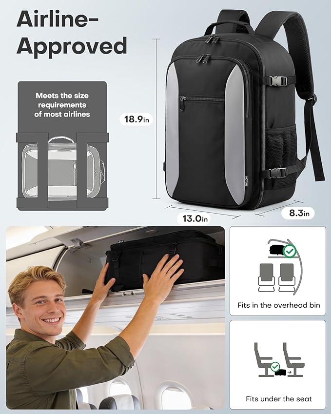 HOTOR Travel Backpack - TSA-Friendly Carry-On Backpack for Men & Women, Internal Luggage Straps & Waterproof Pocket, Perfect for Travel Essentials, Work, Commuting, 18.9" x 13.0" x 8.3", Black