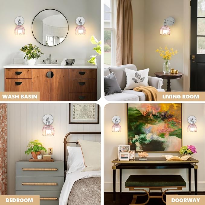 Vintage Battery Operated Wall Sconce, Pink Tulip Glass Lampshade Wireless Rechargeable Battery Powered LED Wall Light with Remote Dimmable for Bedside Bedroom Living Room, Silver, Set of 2
