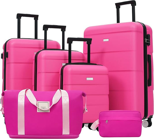 Pink 6 Piece Luggage Set Hard Shell - Traveling Suitcases with Spinner Wheels and Duffel Bags for Family Travel, Durable Carry On Luggage Sets with Lock for Women and Girls