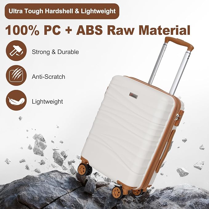 Romswi Expandable 22x14x9 Airline Approved,21" Carry On Luggage,Hardshell Suitcase with Double Spinner Wheels for 20% More Space, Lightweight Hardside Luggage, Scratch-Resistant & YKK Zipper, White