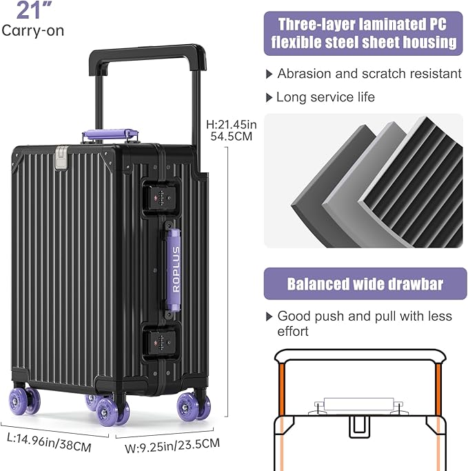 Aluminium Frame Checked-Luggage with Smooth Jelly Wheels, Hardside Zipperless Rolling Suitcase with TSA Lock (BlackPurple, 24-Inch)