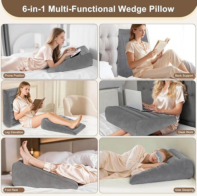 Inflatable Wedge Pillow for Sleeping - Inflatable Travel Pillow with Eye Mask for Head Shoulder,Back,Knee,Leg Elevation,Post-Surgery Support,Acid Reflux&Back Pain Relief,Snoring,Portable Wedge Cushion