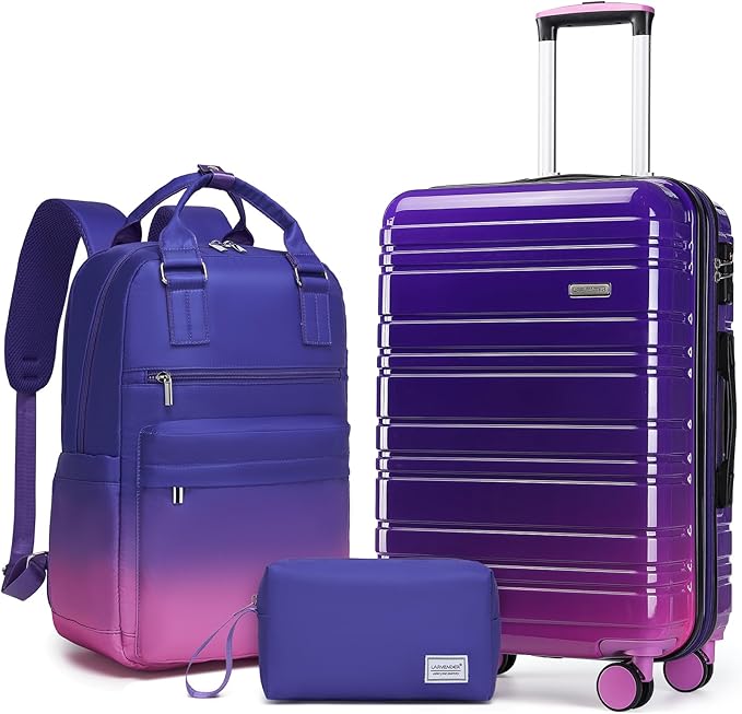 LARVENDER Carry on Luggage 22x14x9 Airline Approved Hardshell Suitcase with Wheels TSA Lock, PC+ABS Lightweight Suitcase Set for Women with Travel Backpack, Midnight Berry, 3 Piece Set