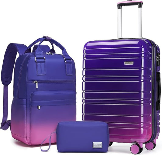 LARVENDER Carry on Luggage 22x14x9 Airline Approved Hardshell Suitcase with Wheels TSA Lock, PC+ABS Lightweight Suitcase Set for Women with Travel Backpack, Midnight Berry, 3 Piece Set