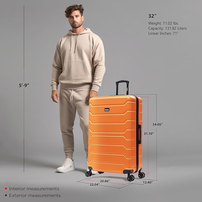 InUSA TREND Luggage with Spinner Wheels | Durable lightweight Hardside Suitcase, Travel Bag with Handle and Trolley | 32-inch Extra-Large Checked luggage | Orange