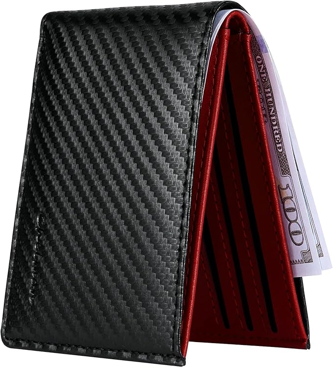 Chelmon Slim Wallet for Men ID Window with RFID Blocking Front Pocket Minimalist Bifold Bussiness Card Holder Gift for Men, Carbon Black & Red