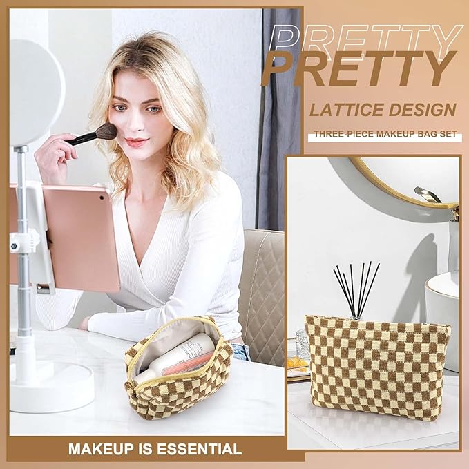 EIMMBD Makeup Bag 3 Pieces Large Capacity Checkered Cosmetic Bags Travel Toiletry Bag Organizer Cute Makeup Pouch Storage for Women(Brown)