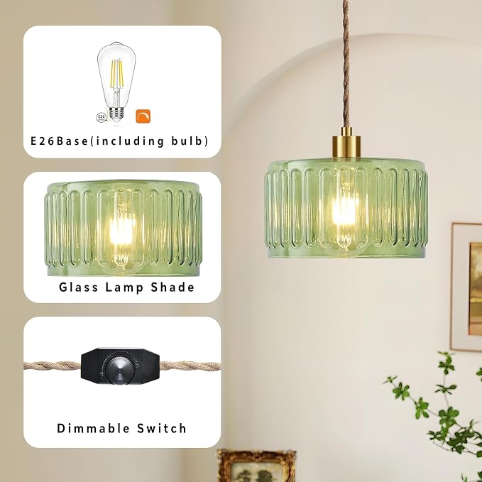 QIYIZM Plug in Pendant Light Hanging Lights with Plug in Cord Boho Hanging Lamp Glass Gold Mid Century Modern Vintage Dimmable Green Flower Plug in Chandelier Ceiling Fixture for Living Room,Kitchen