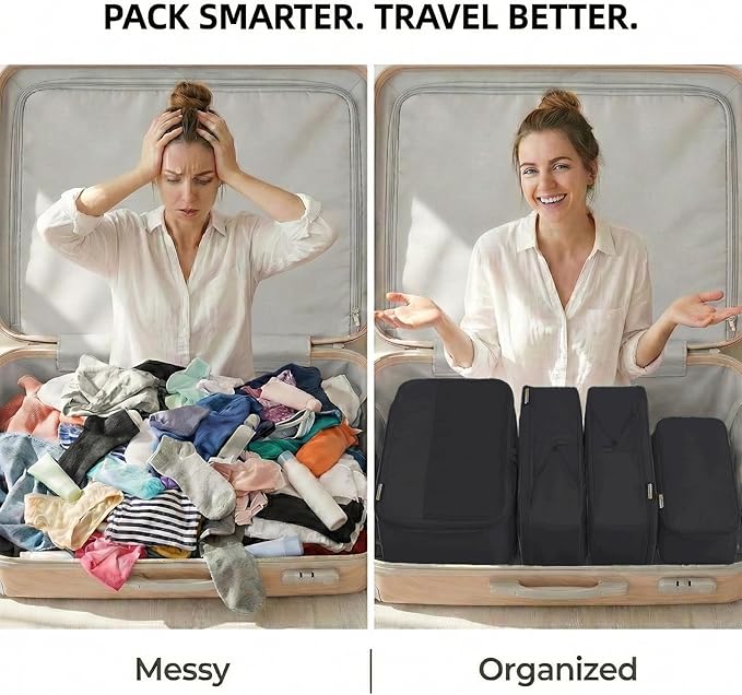 4 Piece Compression Packing Cubes for 3–7 Day Travel, Lightweight Travel Organizers with Breathable Mesh, Double-Zipper Packing Cubes for Carry-On & Suitcases (Jet Black)