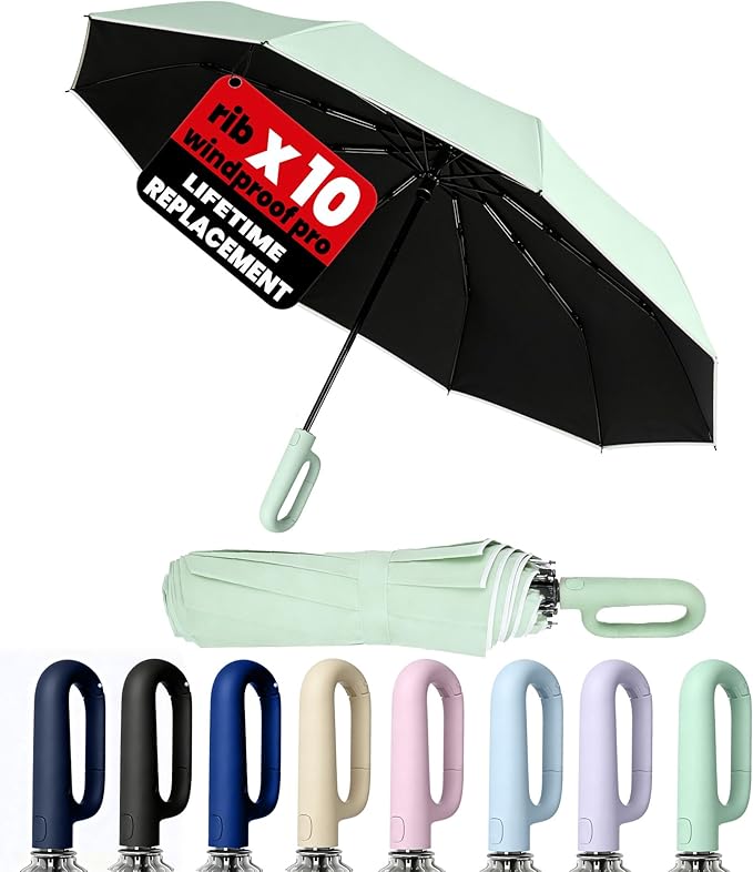 SIEPASA Travel Umbrella with Carabiner Handle - Windproof 10 Ribs Auto Open/Close for Rain & Sun Protection, Compact Portable Clip-on Backpack Design with Safety Reflective Strip.